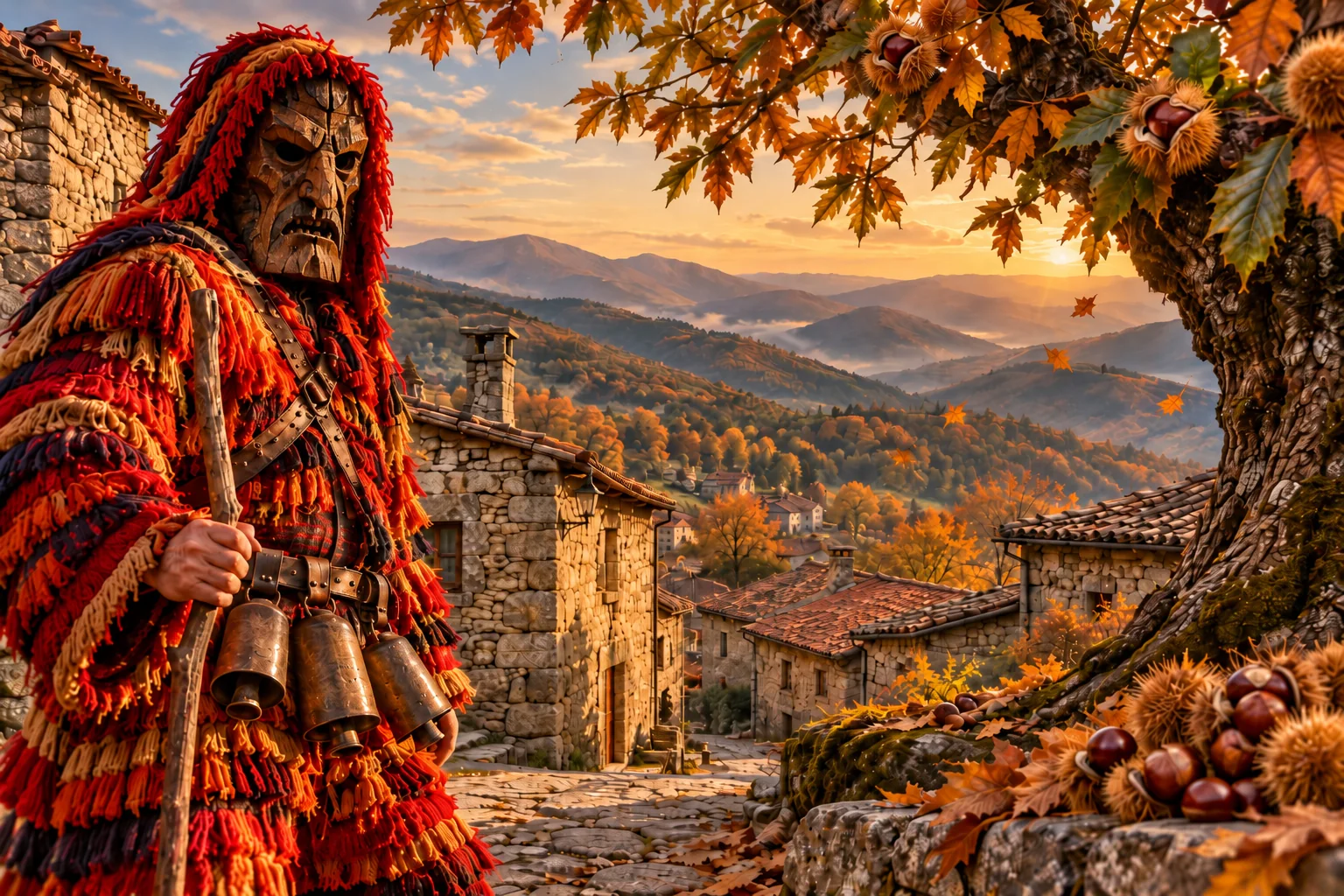 Ilustra&ccedil;&atilde;o art&iacute;stica: figura mascarada de madeira entre casas de granito, castanhas e montanhas de Tr&aacute;s-os-Montes ao p&ocirc;r do sol